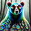 Placeholder: bear peacock with sunglasses, fine pencil, spray paint, chalk, blurred forest background, mist, sunrays