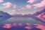 Placeholder: Sunny day, distant modern city, lake, lake reflections, people, mountains, sci-fi