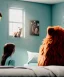 Placeholder: Realistic bedroom scene. big furry monster sitting next to human girl from behind. Wes Anderson style. Red hair, smile, happy, gradient color fog. highly detailed, concept art, unreal engine 5, ray tracing, RTX, lumen lighting, ultra detail, volumetric lighting, 3d, finely drawn, high definition, high resolution.