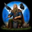 Placeholder: European pagan art with nature and runes and ravens and swedish flag and realistic viking warrior with an axe