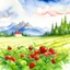 Placeholder: Watercolor painting of a meadow with small strawberries, mountains in the background and a white castle