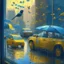 Placeholder: morning, window, umbrellas, people, rain, little birds, blue, flowers in the road, city, traffic, cars, sunlight, gold