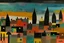 Placeholder: A black village in a shadow realm designed in Moroccan rug art painted by Paul Klee