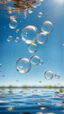 Placeholder: bubbles floating over water with blue sky, stock photography