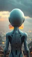 Placeholder: Photoreal Gorgeous godlike white alien cyborg rear view looking over a futuristic nuclear distraction and mushroom explosion of planet earth , in the style of fantasy movies, photorealistic, bokeh masterpiece smooth shading, ultra detailed, high resolution, cinematic, unreal 6, subtle shadows, octane render, 8k, cinema 4d, HDR, dust effect, vivid colors