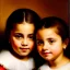 Placeholder: portrait of sisters Eira Santiago Arnau(ten year old, dark blonde) and Dalia Santiago Arnau (six year old, brunette) by Velazquez,smiling, oil on canvas, cinematic composition, extreme detail,8k,fit full head inside picture,