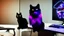 Placeholder: Cute black cat sitting on a gaming chair, in front of a gaming PC table, in a dark room with purple lights and gaming posters, atmospheric, gorgeous, realistic