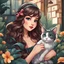 Placeholder: very beautiful sticker like realistic cartoon girl with cat