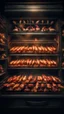 Placeholder: Si-Fi, The permanent under atmospheric lighting effects, a whole shelves of an oven with rotated shish kebabs of the whole chickens rotating in side, intricate historical moody atmosphere, eerie grimdark ambiance, complex motherboard accents, speculative fiction art. Bokeh