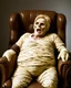 Placeholder: a chubby really old decrepit realistic male mummy, blonde hair, leaned over in a brown chair, mouth open