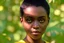 Placeholder: Black woman in her 40s with short hair, green eyes wearing a yellow shirt in a sunlit forest with yellow and green leaves in a photorealistic digital art style 8K
