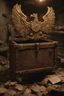 Placeholder: in the BASEMENT there is an old, broken brown oblong leather chest with short handles, from which gold coins from the time of Catherine the Great fall out. The ancient coat of arms of tsarist Russia, the double-headed eagle, is BARELY VISIBLE on the bag. There are a lot of broken bricks and earth around the bag. All in high quality 8K