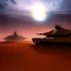 Placeholder: volumetric dramatic desert Battle scene with futuristic hovering military armored Hovercraft tank painted by chris foss, Laser turret, floating, 4k, 8k, Minutiae, highly detailed, rivets, hovering, stripes, sunset duststorm, nimbus clouds