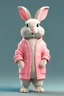 Placeholder: realistic humanoid rabbit with pink fur standing on two legs and wearing human clothes