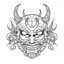 Placeholder: White, minimalis line art , oni mask japanes scarry, vector, white background, outline, with images neatly contained within the background, just black and white color,