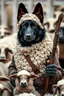 Placeholder: Portrait of a dark german shepherd dark skin male wearing a sheep’s shepherd costume with full human body and shepherd stick in his hand among many sheep’s
