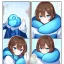 Placeholder: Clear focus, High resolution, A anime kid, cute, rough line skecth, star around kid, sparkling eyes, medium fluffy brown hair, blue sparkling eyes, 1girl (solo), wearing a blue snow cloak and a white shirt, comic with 1girl (solo), winter background, lots of dialoge