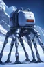 Placeholder: a sleek mechanical walker with eight legs scaling a very steep snow covered side of mout everest at night, it has a smooth surface, it has storage pods on its belly and humans can fit in the pods