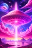 Placeholder: vaisseau interdimensionnel de couleur rose, grands rayonnements, dans un cosmos rose et jeu très étoilé d'or, 8K,ufo rainbow