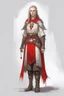 Placeholder: full length, tall, gangly, 22-year old, nordic looking female human cleric with a red beaded necklace, wearing scale mail