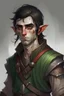 Placeholder: portrait of a black-haired, battered, injured elf, dressed in simple clothing, like an adventurer in a fantasy world