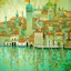 Placeholder: A mint colored Venice like city in the sky painted by Gustav Klimt