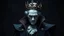 Placeholder: dracula, in a dark setting with a king crown, full body plate male, white hair