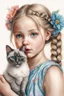 Placeholder: beautiful little girl making a kissing face, hair in messy braids with flowers, with a Siamese cat kissing her cheek, very amber eyes, white background, soft lighting, high detail, hyperrealistic, charcoal drawing, art in the style of Lilia Alvarado, Artgerm, and Greg Rutkowski.