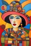 Placeholder: Lady in big hat, rough face, vibrant colors, children catalan folk art, patchs, black lines, non-figurative mode, combined abstract art with Surrealist fantasy in dadaism, surrealism style