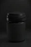 Placeholder: black container, plastic, realism, with screw lid, no labels, round container, view from the front, protein powder, dark studio setting, black background, wider body than lid