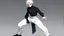 Placeholder: Satoru Gojo is a young guy white hair blue eyes black turtleneck without arms white loose pants in a defensive pose