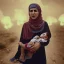 Placeholder: A Palestinian woman wearing the Palestinian dress carries her dead son as she screams and cries at night, with explosions in refugee tents behind her.