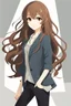 Placeholder: attractive anime woman with brown long hair, modern clothes, full body in frame