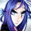 Placeholder: crystal blue eyes, and dark pink hair, teardrop shaped eyebrows, woman, angry expression, anime style, pointy ears