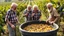 Placeholder: Elderly pensioners in a vineyard treading grapes in a large trough, standing in the trough in their bare feet, as the first stage in making wine. There are acres of vines with lots of ripe grapes. Everyone is happy. Photographic quality and detail, award-winning image, beautiful composition.