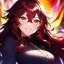 Placeholder: Clear focus, 8k, beautiful lighting, vibrant colors, girl, red long hair, vibrant golden eyes, messy hair, hair in between the eyes, angry, smile,