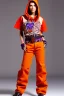 Placeholder: 1990's street women fashion low waist light trousers, t-shirt that has a new kind of hoodie with high tippet, which turns down along zipper! Colors: all denim colors, purple, khaki, lilac, plum, orange, terracotta, red, pink, dark blue, beige. Patterns: lynx, balls, stripes. lynx belt. starling or owl prints. Women models. Missy Elliot, Sandra Bullock, Milla Jovovich, Big tennis shoes on. Latex, denim and leather. Hat with a visor, integrated to AKG-style headphones.