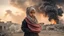 Placeholder: close young palestinian girl with a kuffeah. Large clouds of smoke rise from the land of gaza . With demolished buildings in the background. with sunset colors Made in the palestinian style