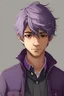 Placeholder: Light brown skin, red eyes, straight short purple-grey hair, black clothes, round face, young adult