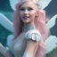 Placeholder: a large pink castle, a cheerful fairy in front, big smile, pink, blonde hair, beautiful, whole face, whole top hair head, wide open blue eyes, transparent wings onn the back, hyperrealism, masterpiece, expert, cinematic lighting, sharp focus, 8K, pastel, macro lens, woman, detailed, flower