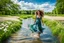 Placeholder: shot from front ,green field and wild flower field ,beautiful girl in pretty dress curly hair walking in water toward camera in trees next to wavy river with clear water and nice sands in floor.camera capture from her full body front, spring blosom walking to camera ,wild flowers moving in the wind ,blue sky,moving pretty clouds ,joy full facet.