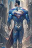 Placeholder: Superman. In a new, sophisticated suit decorated with a Mandala pattern. Strong, fit body. Muscles. A cinematic scene. A destroyed city scene