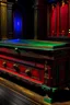 Placeholder: a coffin coloured with jewel tones on a broadway stage