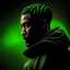 Placeholder: mysterious male African American survivor, green cornrow hairstyle, sweatshirt, post-apocalyptic background, dark and intriguing, confident, intense, handsome, 8K 3D