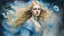 Placeholder: Middle Ages, fine charcoal drawing, watercolor, gouache, acrylic, portrait of a beautiful blonde 20 years old, airy dress, double exposure, fantasy, water, blue, loose hair, flower, glare, sparkles, gold, clear lines, high resolution, 3D , photorealism, precise focus