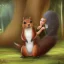 Placeholder: Fantasy image,wooded background, Giant squirrel,attacking a person,d&d