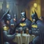 Placeholder: An oil painting of a dark universe masonic sad drunk batman convention, diferent colors batmans