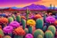 Placeholder: Desert landscape with flowering cactuses in foreground with purple mountain in background vibrant colors