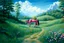 Placeholder: Big pink plastic toy horse.19th painting