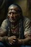 Placeholder: A native Indian , they but a fabric on his eye so he can not see and his arms are Handcuffed. looks miserable with bruises on his face like he has been beating sitting on a broken chair in a prison with dem light and dark prison environments , Busch painting style , sureal